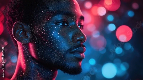 Fototapeta Striking portrait of a man with glowing skin against a vibrant bokeh background, perfect for representing futuristic technology, innovative design, and cutting-edge concepts with style and elegance