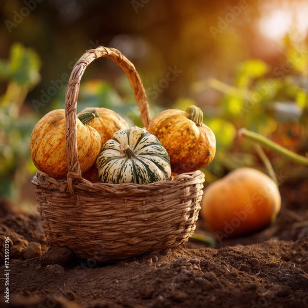 Obraz Basket of fresh pumpkins placed on garden soil during autumn