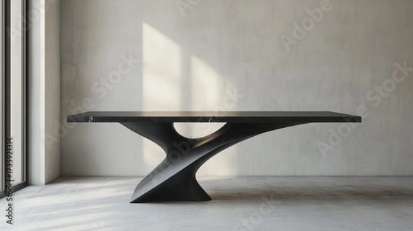Fototapeta Showcase your products on this stunning modern black marble table with a unique sculptural design, perfect for adding a touch of elegance and sophistication to your brand visuals