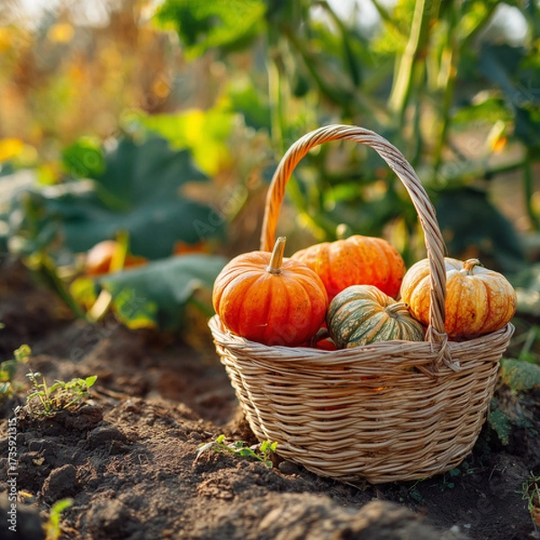 Obraz Basket of fresh pumpkins placed on garden soil during autumn