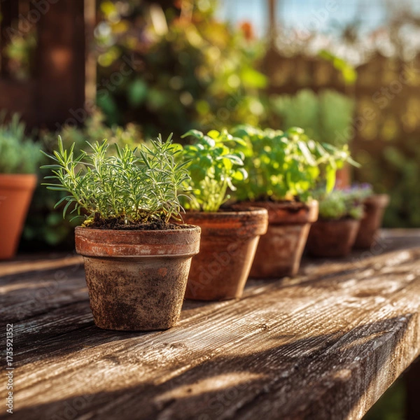 Obraz Small clay pots containing young herbs on a wooden table in backyard garden