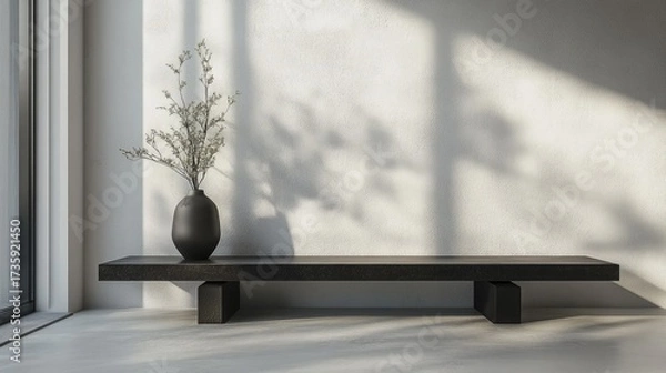 Fototapeta Minimalist elegance shining through a sunlit room, showcasing a modern black vase with delicate flowers on a sleek bench, perfect for interior design inspiration and serene living spaces
