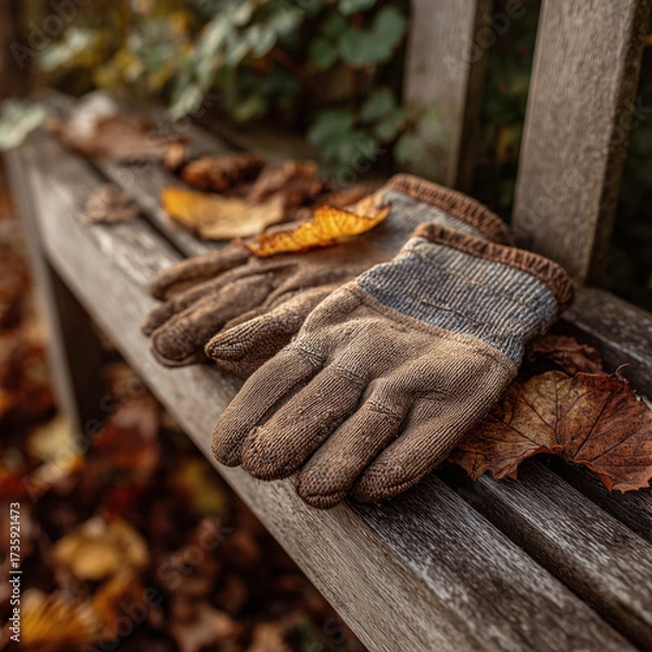 Obraz Pair of garden gloves on wooden bench with autumn leaves scattered around