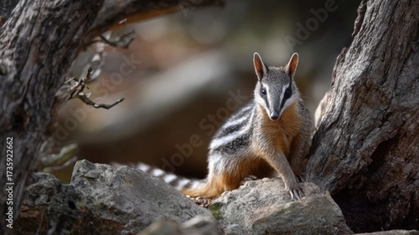 Fototapeta World Numbat Day. A photo of the majestic numbat, also known as the banded anteater, standing on a rock in its natural habitat. 