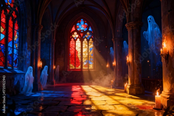 Fototapeta Sunlight streams through a gothic cathedral s stained glass windows casting vibrant colored light and dramatic shadows on the stone floor and pillars creating a sacred and atmospheric ambiance