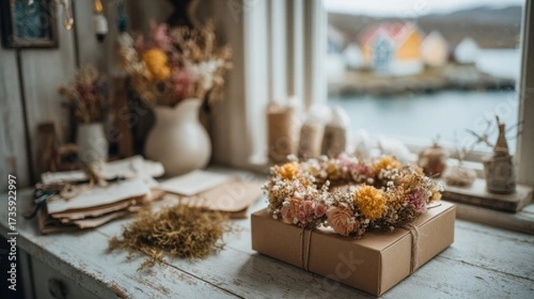 Fototapeta Create meaningful DIY Christmas gift sets with wreath making kits at a cozy seaside workshop during the holiday season
