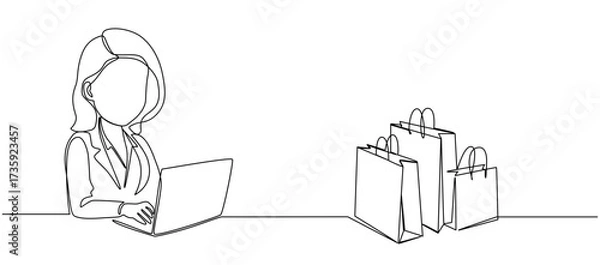 Fototapeta Woman with laptop computer and shopping bags in one continuous line drawing. Symbol of online shopping and Internet delivery. 
