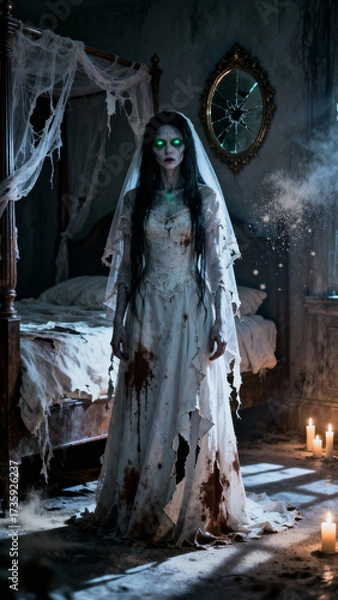 Fototapeta A hauntingly beautiful spectral bride in a tattered wedding dress stands in a dimly lit dilapidated bedroom with a four poster bed and flickering candles creating an eerie atmosphere