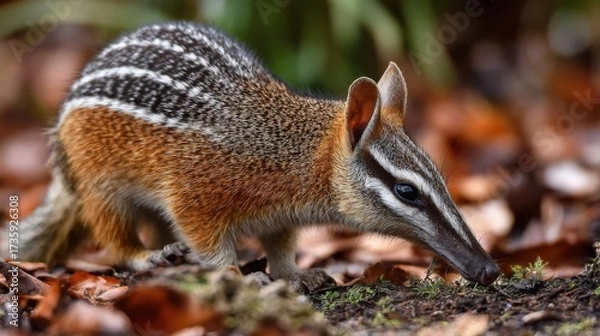 Fototapeta World Numbat Day. A close-up photo of the small, brown and white numbat walking through leaves on the forest floor.