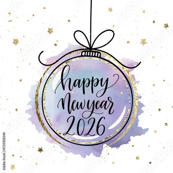 Fototapeta Vector elegant New Year 2026 greeting card with watercolor ornament, golden stars, and festive calligraphy. Perfect for invitations, poster