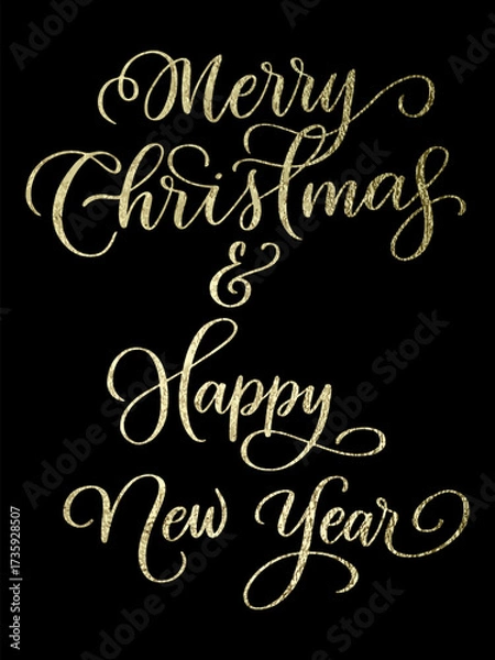 Fototapeta Golden Christmas and New Year lettering on black background. Elegant festive design for greeting cards, posters, invitations, and holiday templates. Vector