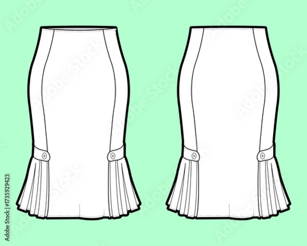 Fototapeta Fluted Hem Skirt Design Technical Flat Sketch with Front and Back.