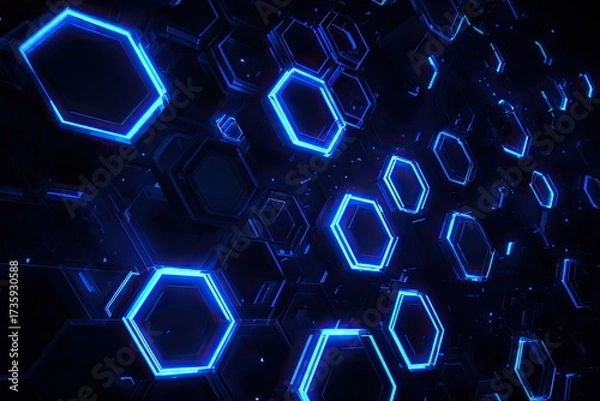 Fototapeta Abstract perspective view of glowing blue hexagons on a dark background
