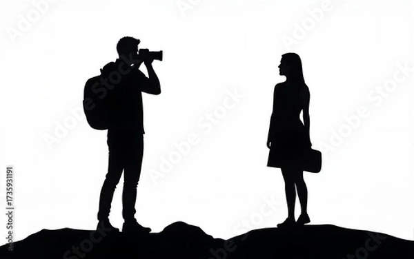 Obraz Couple of travelers, man and a woman are standing next to each other back view. The man is taking picture with his camera. Vector flat illustration black silhouette isolated on transparent background