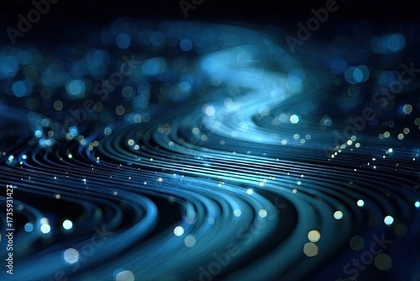 Fototapeta Abstract wavy blue lines with bokeh, simulating data streams, against a dark background