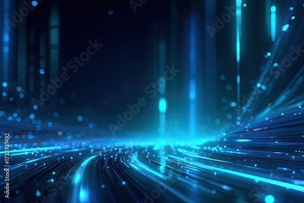 Fototapeta Abstract digital display of blue light streams with glowing particles. Dark background