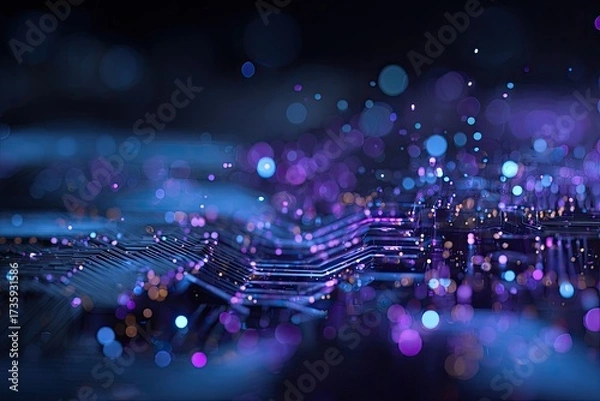 Fototapeta Close-up of a circuit board with illuminated dots in shades of blue and purple