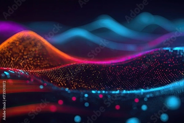 Fototapeta Abstract digital landscape with glowing waves in vibrant hues. Dark background
