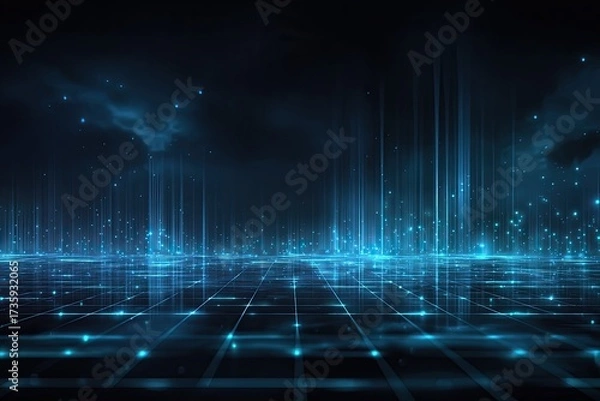 Fototapeta Futuristic landscape with a grid floor and vertical lines of light extending into a dark, cloudy sky