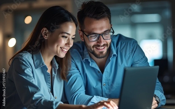 Fototapeta Portrait of Two Female and Male Engineers Using Laptop Computer to Analyze and Discuss How to Proceed with the Artificial Intelligence Software. Casually Chatting in High Tech Research Office