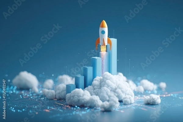 Fototapeta A rocket blasts off from a bar graph, with clouds at the bottom and digital details around