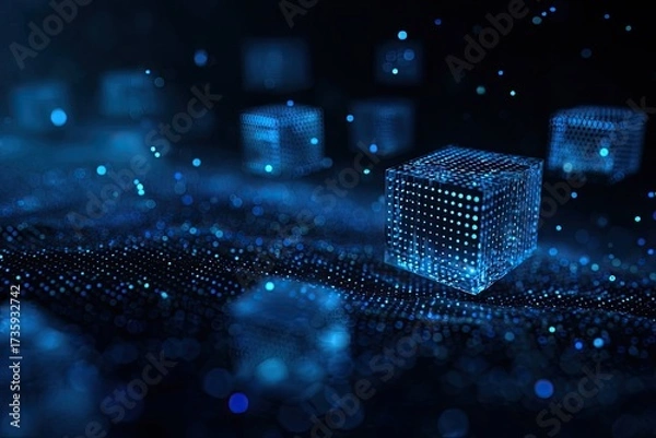 Fototapeta Digital blue cubes, illuminated, floating above a textured surface, in a dark futuristic setting