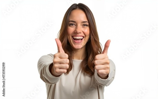 Obraz A cheerful woman gives two thumbs up isolated on white background. High quality