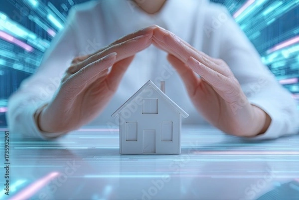 Fototapeta A person shields a tiny house with hands, creating an image of protection against a digital background