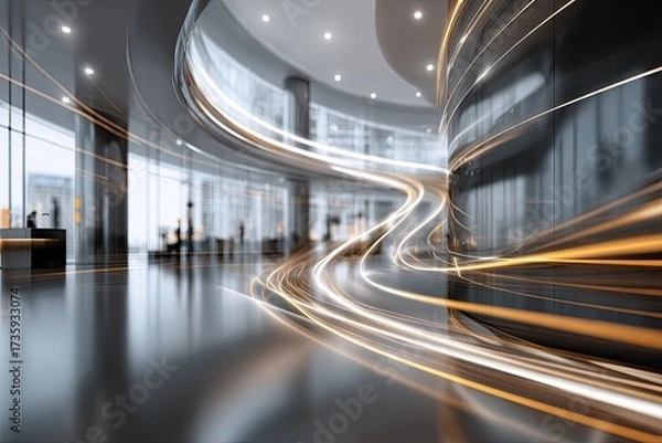 Fototapeta Interior architectural depiction, with light trails and reflections. Modern office space