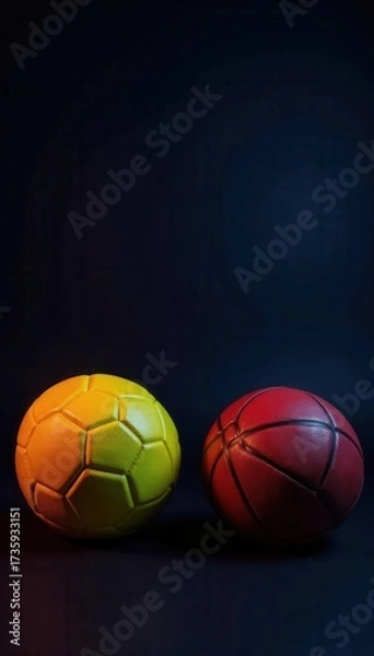 Fototapeta Abstract sports equipment composition against dark backdrop , visual, elements