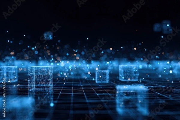 Fototapeta Abstract digital art showcasing illuminated cubes, blue particles, and grid lines