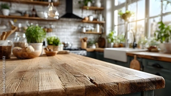 Fototapeta Clean, empty wooden kitchen countertop is in the foreground. A modern, stylish kitchen is beautifully blurred in the background, bathed in soft, natural morning light.