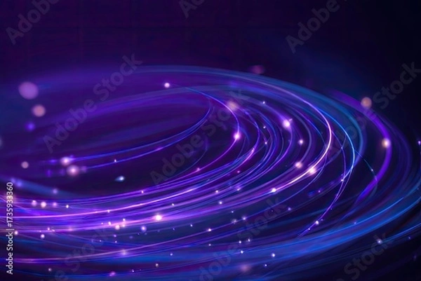Fototapeta An abstract digital illustration of swirling, glowing, purple and blue light trails against dark backdrop