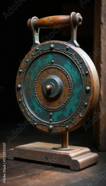 Fototapeta Antique gong and weathered hammer, showing age and patina , texture, light