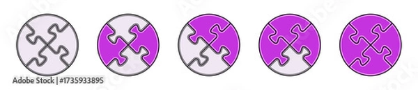 Fototapeta Round shape puzzle pieces vector. Purple three dimensional puzzle set. Collection of puzzle to use for business, strategy, teamwork, analisys, infographics, engineering design project. 