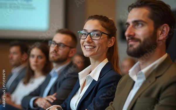 Obraz portrait of a young business woman with colleagues at a lecture or conference. High quality