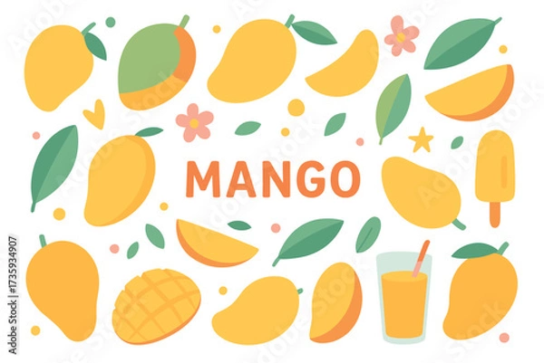 Obraz Colorful mango pattern with leaves, flowers, and juice elements