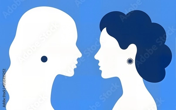 Obraz Two stylized female profiles displayed in contrasting colors of blue and white. Each figure showcases unique hairstyles and earring designs, emphasizing elegance and beauty. High quality