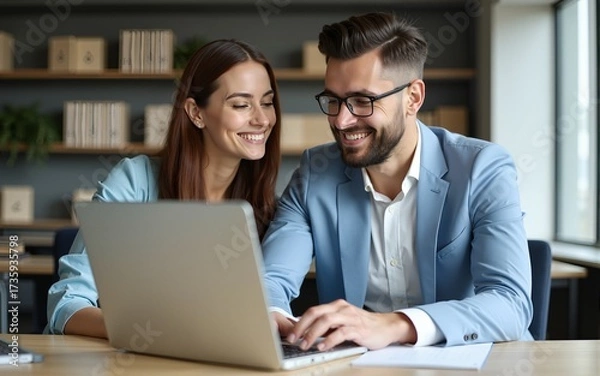 Fototapeta young business man and woman working together on laptop in the office, with copy space for text. High quality