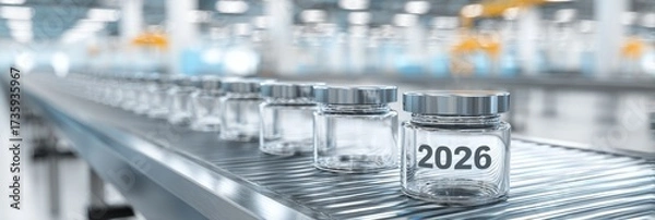 Fototapeta Futuristic production and innovation concept, clean glass jars on conveyor belt in factory with focus on 2026, modern industry photo Concept: pharmaceutical packaging, factory automation, production