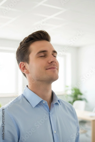 Obraz Man in light blue shirt is standing in bright office environment with his eyes closed, appearing calm and relaxed. setting suggests focus on mental health and workplace wellness solutions