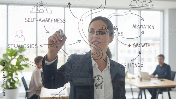Obraz Professional woman modern office writes transparent board, illustrating mental health workplace solutions with terms like self awareness, coping strategies, and resilience. Colleagues work