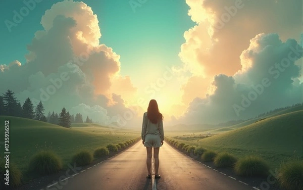Fototapeta Young woman standing in front of two diverging paths in a surreal landscape as concept of choice and uncertainty. High quality