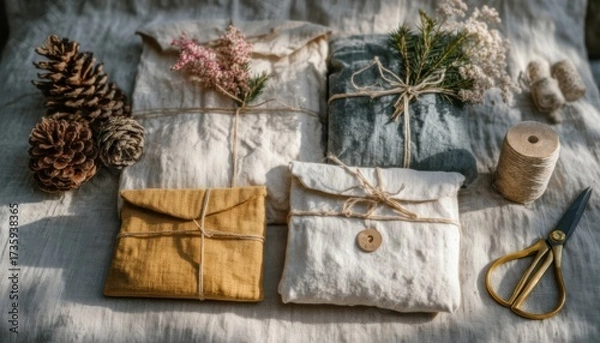 Fototapeta Creative Christmas gift wrapping with natural decorations and twine on a rustic table in a cozy holiday setting
