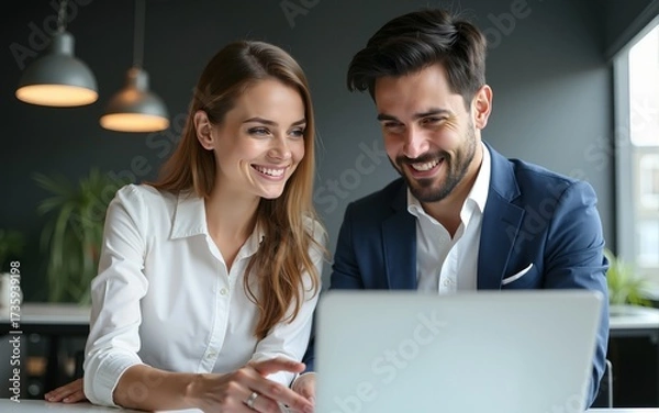 Fototapeta Busy business woman and man executive team people working on laptop in office. Two company managers discuss project looking pointing at laptop computer explaining or consulting sitting at work.