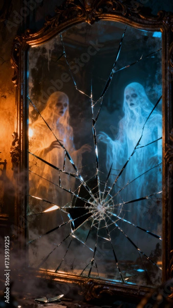Fototapeta Eerie spectral figures appear as ghostly apparitions reflected in a cracked and broken mirror casting an unsettling and mysterious atmosphere with contrasting orange and blue light