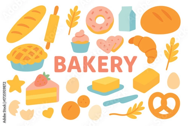 Fototapeta Colorful bakery elements: bread, pastries, desserts, and baking ingredients