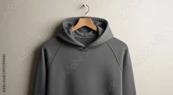 Fototapeta A plain grey hoodie is hanging on a wooden hanger against a neutral wall, showcasing its simple design and texture