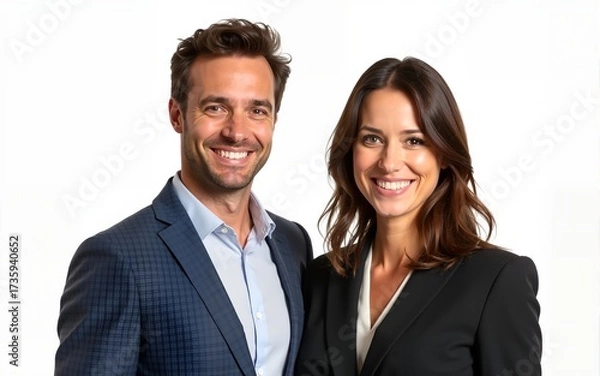 Fototapeta Two confident business man and woman standing side-by-side, smiling and looking at the camera, isolated on white or transparent background. High quality