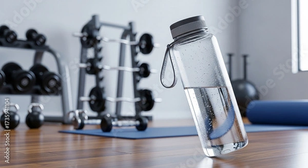 Fototapeta A clear water bottle filled with water, placed in a gym setting with weight racks and equipment in the background